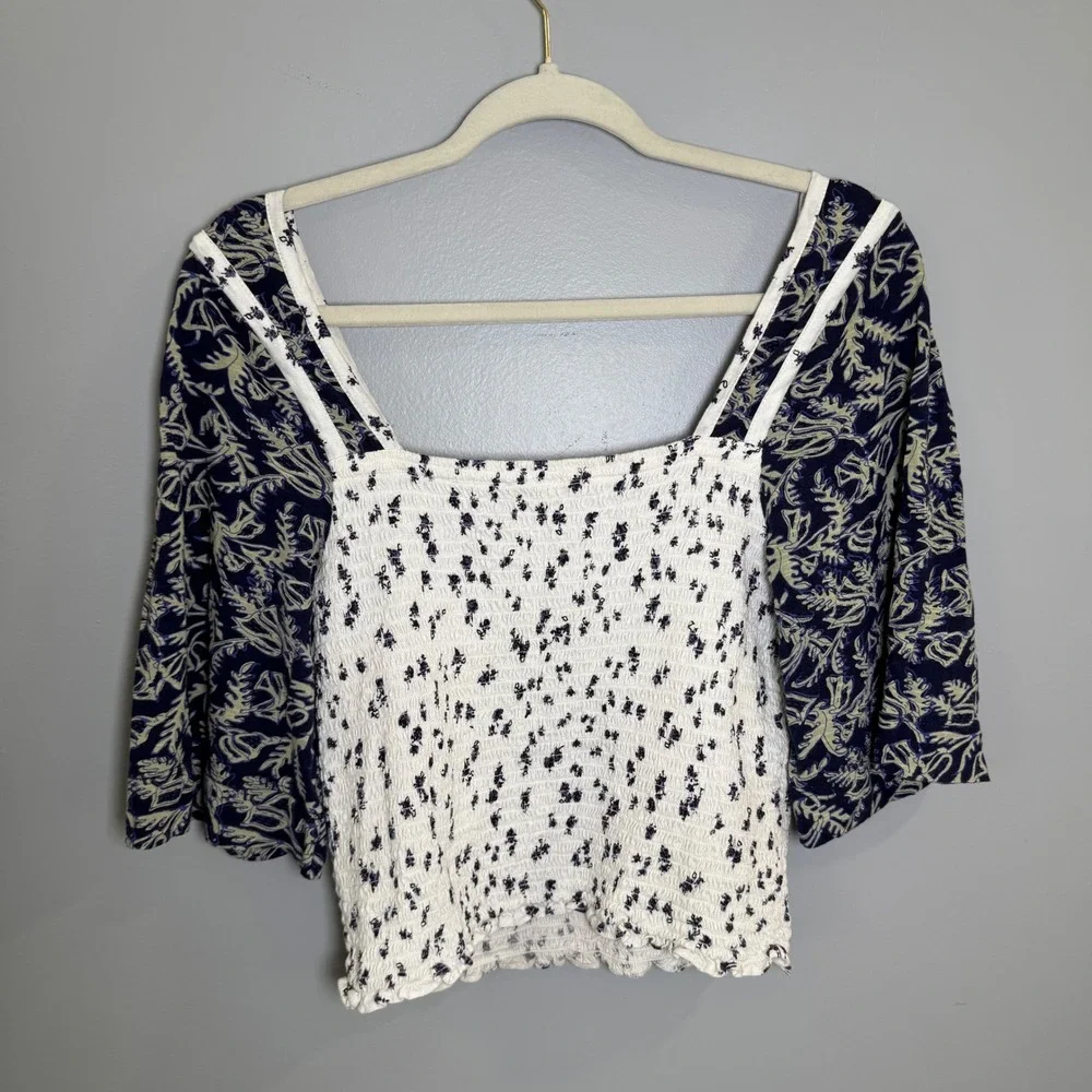 Free People Smocked Floral Square Neck Bell Sleeve Top OB1434162 Navy Cream S